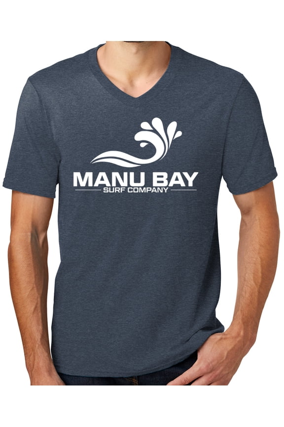 Mens Manu Bay Surf Company WHITE LOGO Surfer T-shirt, Large Heathered Navy