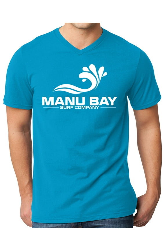 Mens Manu Bay Surf Company WHITE LOGO Surfer T-shirt, Large Light Turquoise