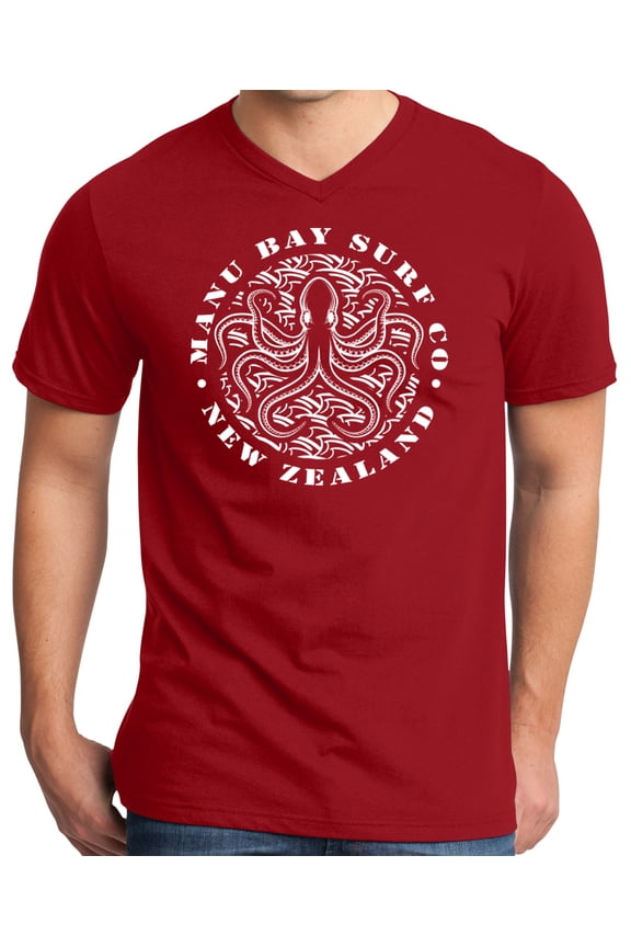 Mens Manu Bay Surf Company WHITE OCTOPUS Surfer T-shirt, Medium Classic Red
