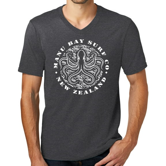 Mens Manu Bay Surf Company WHITE OCTOPUS Surfer T-shirt, Small Heathered Charcoal