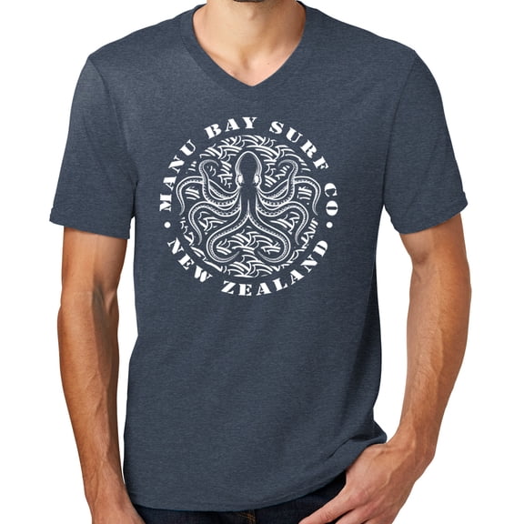 Mens Manu Bay Surf Company WHITE OCTOPUS Surfer T-shirt, Small Heathered Navy