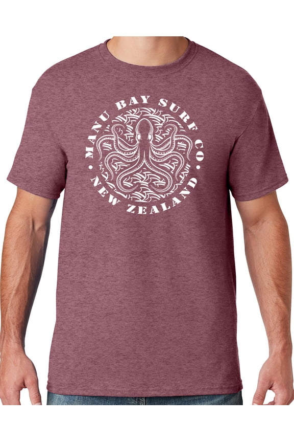 Mens Manu Bay Surf Company WHITE OCTOPUS T-shirt, 2XL Vintage Heather Maroon