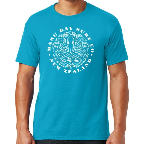 Mens Manu Bay Surf Company WHITE OCTOPUS T-shirt, Medium Cali Blue
