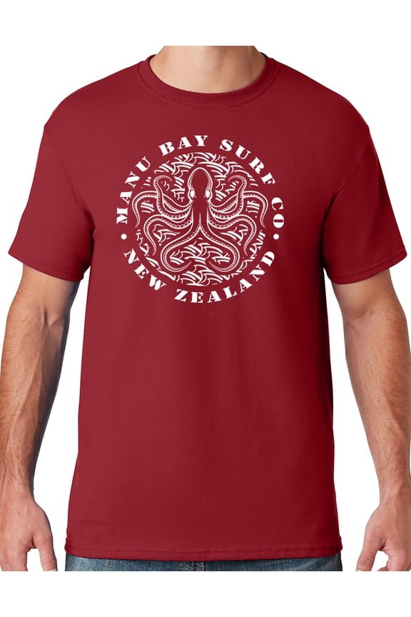 Mens Manu Bay Surf Company WHITE OCTOPUS T-shirt, XL Crimson Red