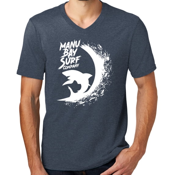 Mens Manu Bay Surf Company WHITE SHARK Surfer T-shirt, 2XL Heathered Navy