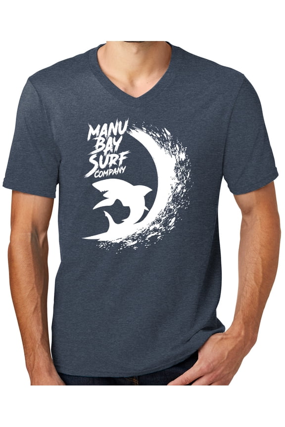 Mens Manu Bay Surf Company WHITE SHARK Surfer T-shirt, Large Heathered Navy