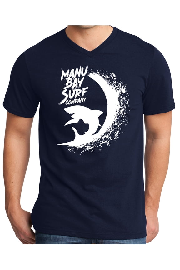 Mens Manu Bay Surf Company WHITE SHARK Surfer T-shirt, Medium New Navy