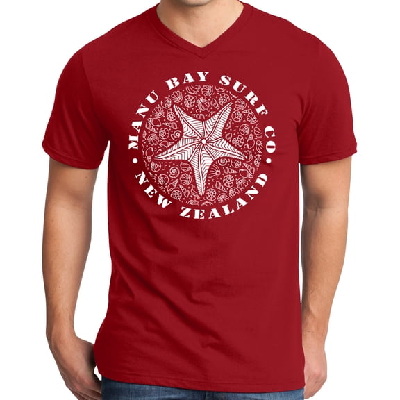 Mens Manu Bay Surf Company WHITE STARFISH Surfer T-shirt, XL Classic Red