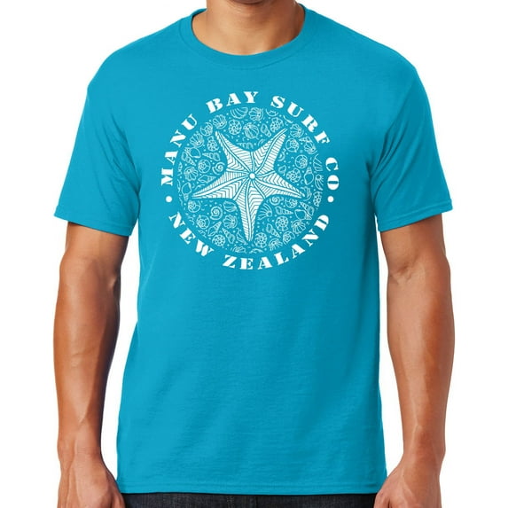 Mens Manu Bay Surf Company WHITE STARFISH T-shirt, Large Cali Blue