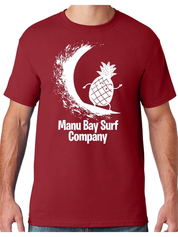 Mens Manu Bay Surf Company WHITE SURFING PINEAPPLE T-shirt, Medium Crimson Red