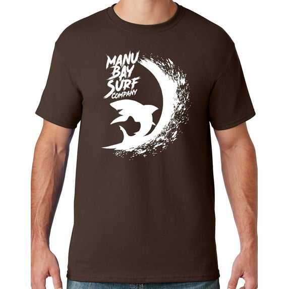 Mens Manu Bay Surf Company WHITE SURFING SHARK T-shirt, 2XL Chocolate Brown