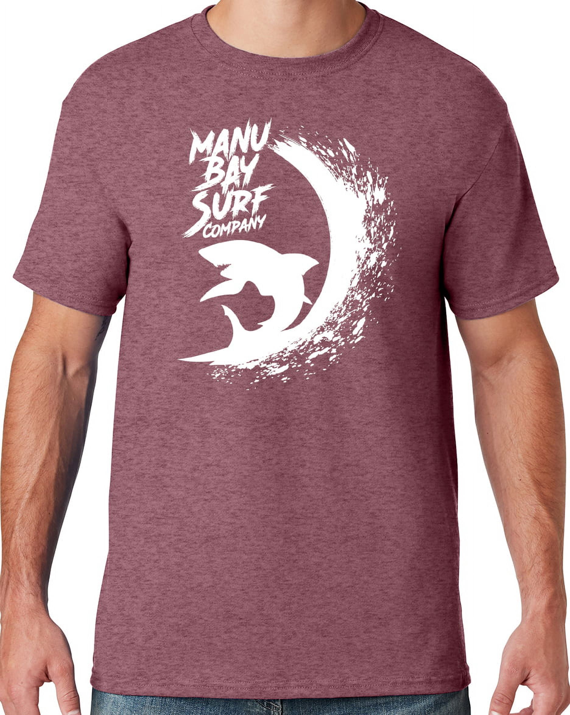 Mens Manu Bay Surf Company WHITE SURFING SHARK T-shirt, 2XL Vintage Heather Maroon