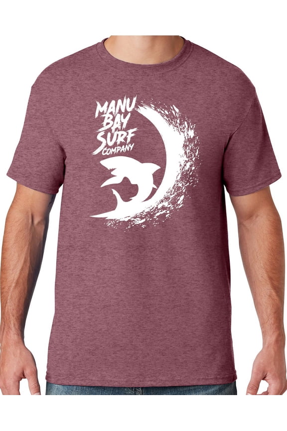 Mens Manu Bay Surf Company WHITE SURFING SHARK T-shirt, 2XL Vintage Heather Maroon