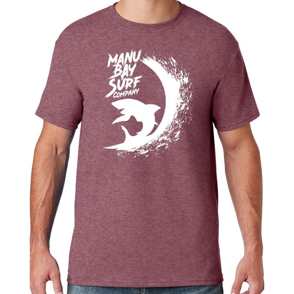 Mens Manu Bay Surf Company WHITE SURFING SHARK T-shirt, 2XL Vintage Heather Maroon
