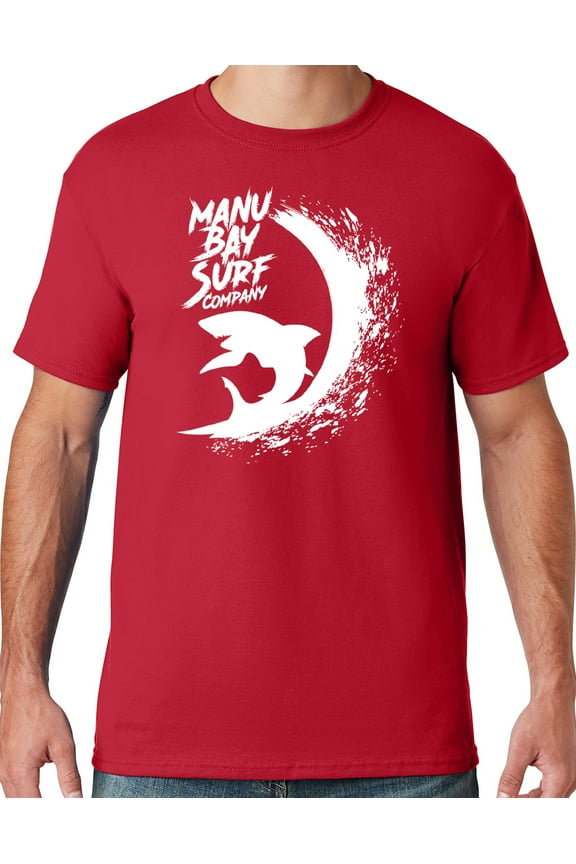 Mens Manu Bay Surf Company WHITE SURFING SHARK T-shirt, 3XL True Red