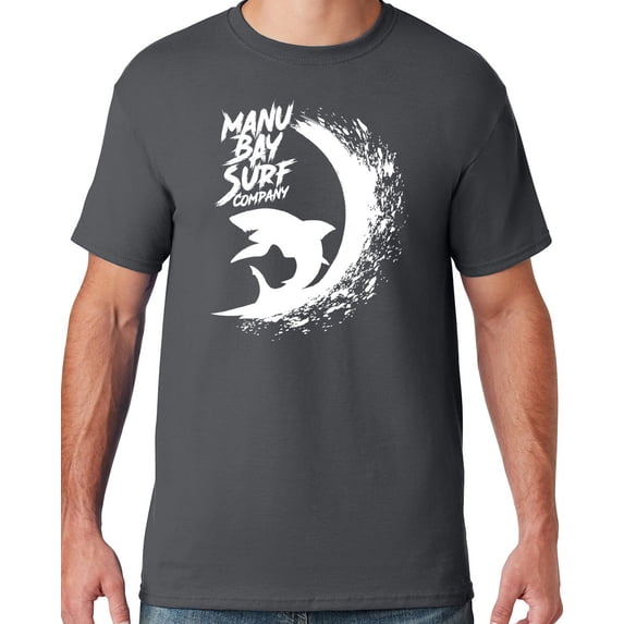 Mens Manu Bay Surf Company WHITE SURFING SHARK T-shirt, 4XL Charcoal Grey