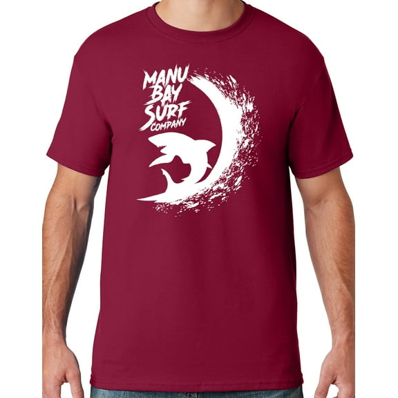 Mens Manu Bay Surf Company WHITE SURFING SHARK T-shirt, Large Cardinal Red