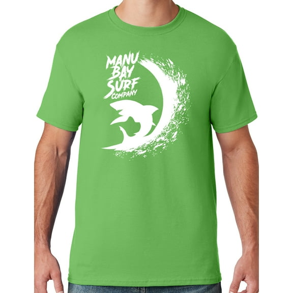 Mens Manu Bay Surf Company WHITE SURFING SHARK T-shirt, Large Kiwi Green