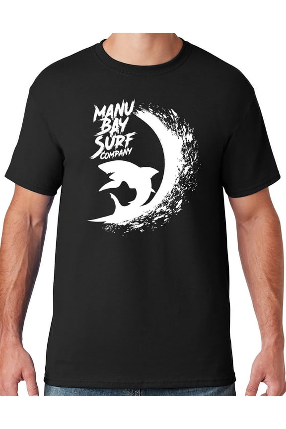 Mens Manu Bay Surf Company WHITE SURFING SHARK T-shirt, Medium Black
