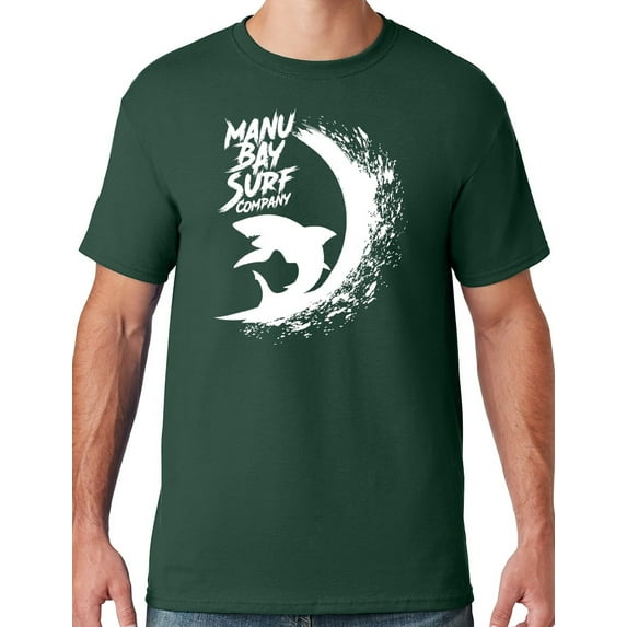 Mens Manu Bay Surf Company WHITE SURFING SHARK T-shirt, Small Forest Green