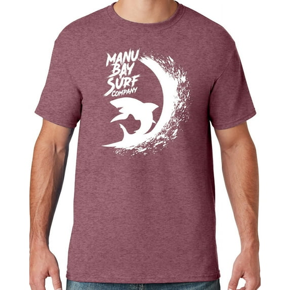 Mens Manu Bay Surf Company WHITE SURFING SHARK T-shirt, Small Vintage Heather Maroon
