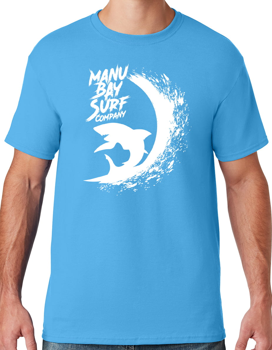 Mens Manu Bay Surf Company WHITE SURFING SHARK T-shirt, XL Aqua Blue 