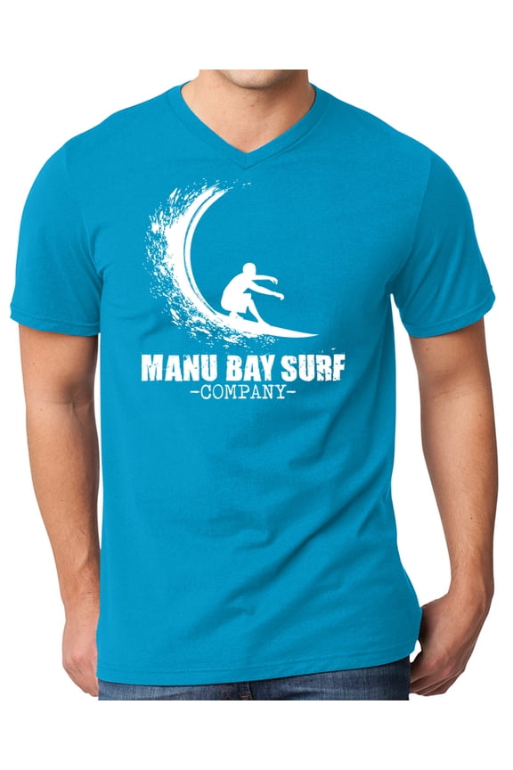 Mens Manu Bay Surf Company WHITE WAVE Surfer T-shirt, Small Light Turquoise