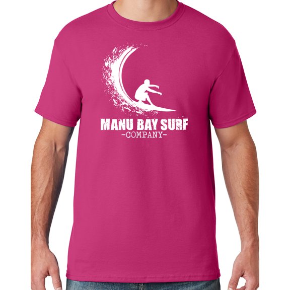 Mens Manu Bay Surf Company WHITE WAVE T-shirt, Large Cyber Pink