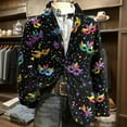thumbnail image 1 of Mens Mar-di Gras Jacket Blazer Corduroy Mask Feather Print Slim Fit 2 Button Holiday Carnival Party Business Office Sport Coat, 1 of 5