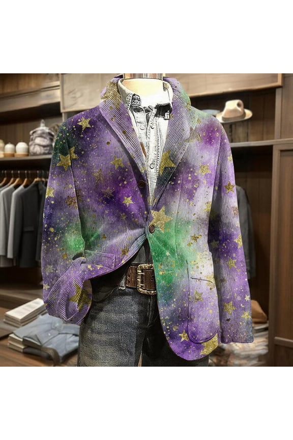 Mens Mar-di Gras Jacket Blazer Corduroy Mask Feather Print Slim Fit 2 Button Holiday Carnival Party Business Office Sport Coat