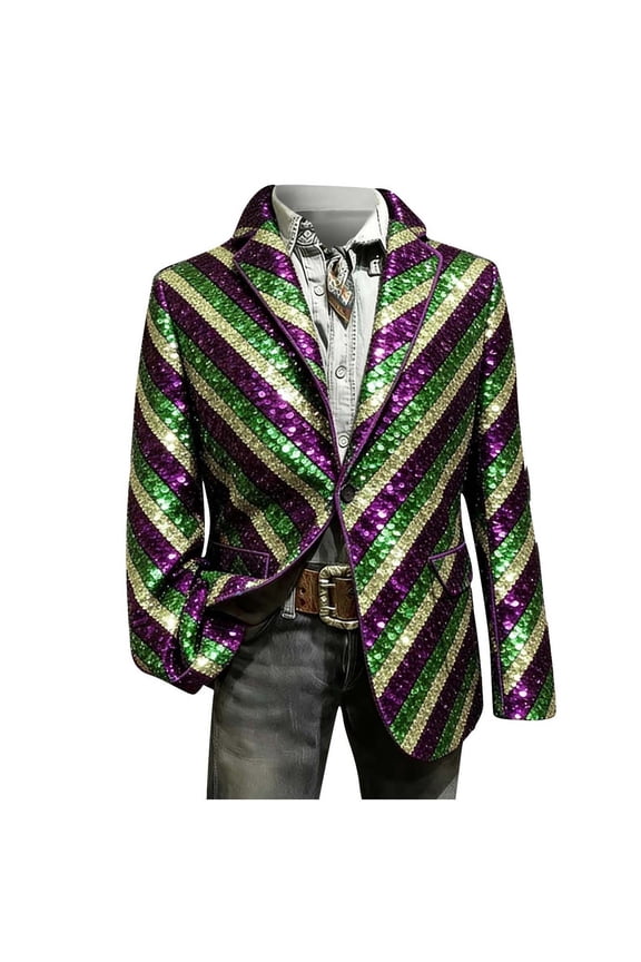 Mens Mardi Gras Sequin Blazer Slim Fit One Button Purple Green Yellow Geometric Sparkle Jacket Carnival Party Holiday Shimmer Suit with Pockets,Yellow,XXXL