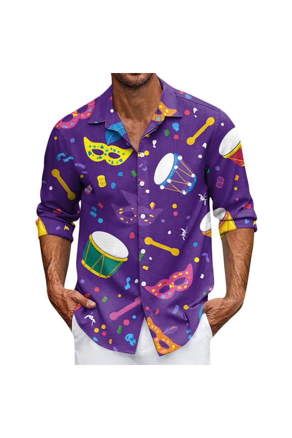 Mens Mardi Gras Shirts Long Sleeve Shirts for Men,Button Down Carnival Mask Printed Shirt for Men