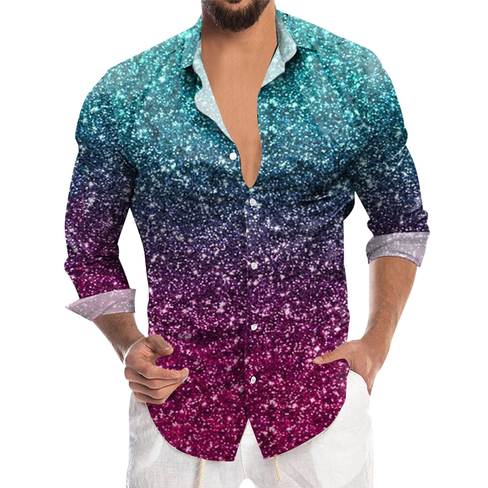 Mens Mardi Sequin Fashion Digital 3D Printed Long Sleeve Lapel Button ...