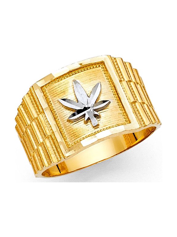 Mens Marijuana Ring Solid 14k Yellow White Gold Cannabis Leaf Band Two Tone Polished 14MM, Size 9.5