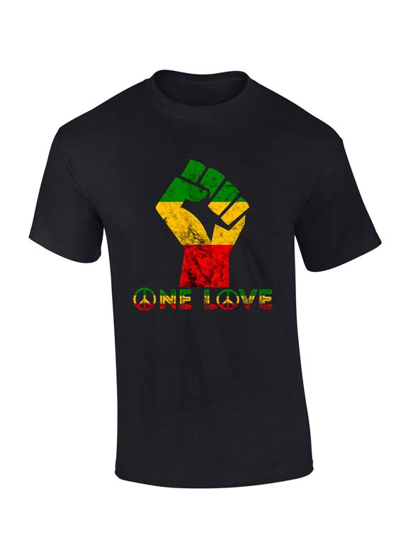 Mens Marley Tshirt One Love Peace Sign Fist Rasta Flag Short Sleeve T-shirt-Black-large