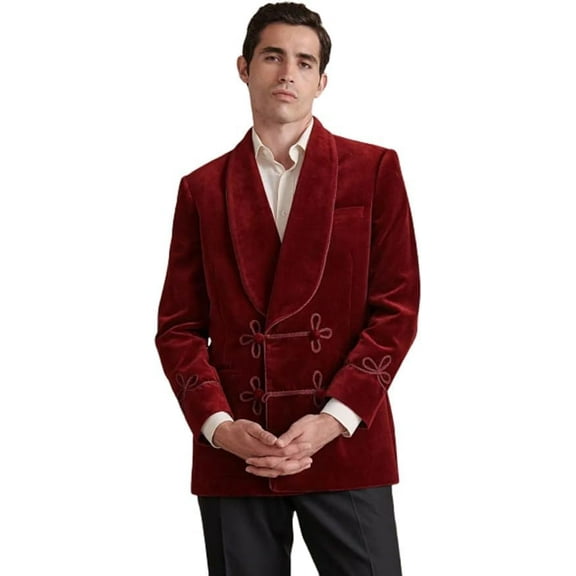 Mens Maroon Velvet Smoking Jackets Double Breasted Jackets Coat Christmas Party Wear Blazers Coat&nbsp;