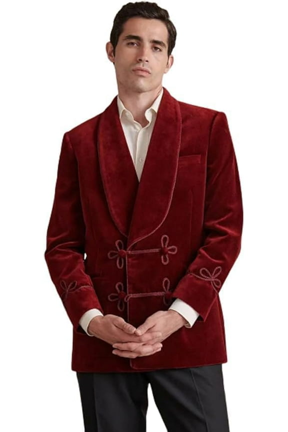 Mens Maroon Velvet Smoking Jackets Double Breasted Jackets Coat Christmas Party Wear Blazers Coat&nbsp;