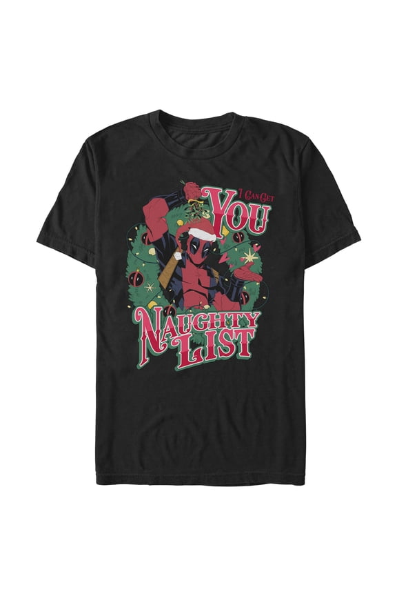 Mens Marvel: Deadpool Naughty List Christmas Wreath T Shirt
