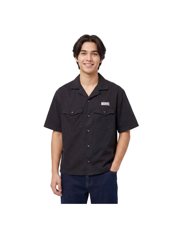 Marvel Spider-Man White Marvel Logo Button Up Shirt Mens