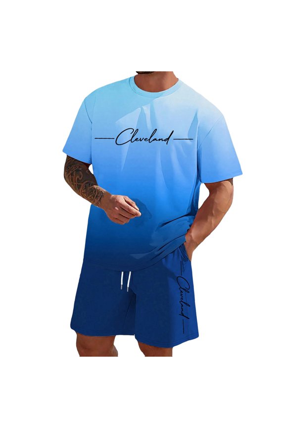 Mens Matching Sets Men's Gradient Letter Print Short Sleeve Tee and Shorts Everyday Wear Lightweight Casual Coordinate Outfit Two Piece Breathable Blue XXXXXXL