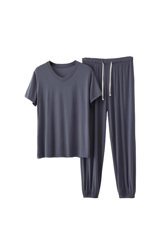 Mens Matching Sets Summer Casual Crew-Neck Short Sleeve Tees and Cuffed Drawstring Pants 2 Piece Activewear Outfits Gray 2XL