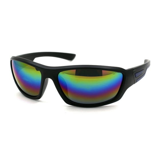Mens Matte Black Sport Warp Around Plastic Sunglasses Black Blue Oil Slick Mirror