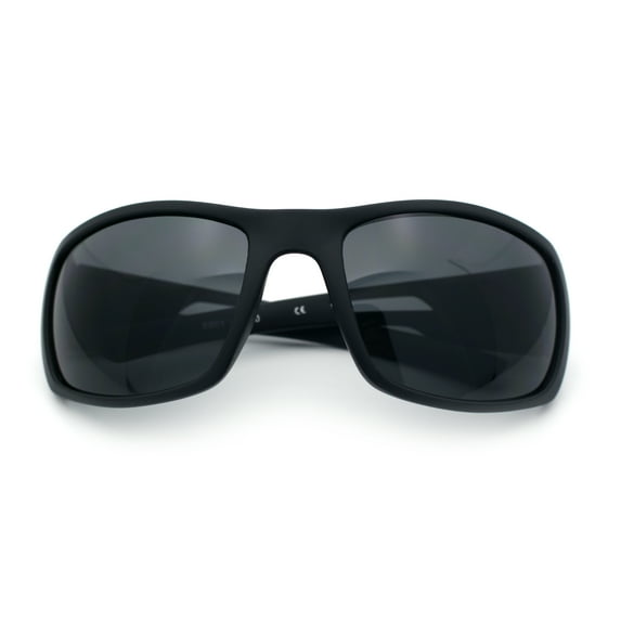 Mens Matte Classic Rectangular Wrap Around Biker Plastic Sunglasses All Black