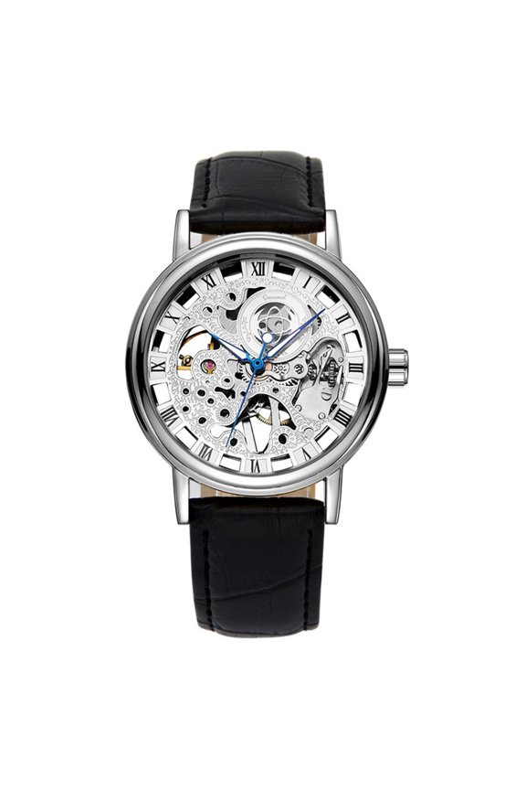 Mens Mechanical Skeleton Steampunk Watches PU Leather Roman Numerals Wrist Watch