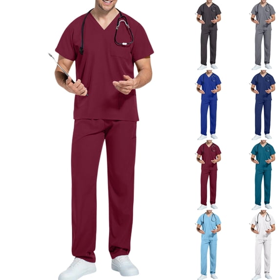 Mens Medical Scrub Sets V Neck Short Sleeve Scrub Top Elastic Drawstring Waist Straight Leg Pants Multi Pockets Professional Uniforms Nurses Daily Work,L,Wine