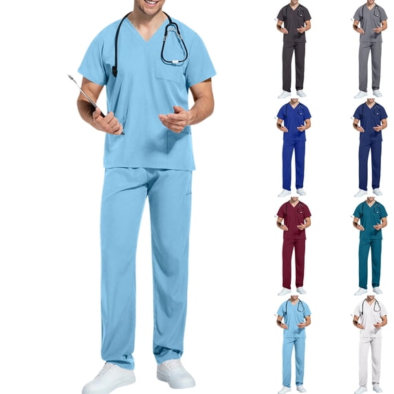 Mens Medical Scrub Sets V Neck Short Sleeve Scrub Top Elastic Drawstring Waist Straight Leg Pants Multi Pockets Professional Uniforms Nurses Daily Work,S,Light Blue