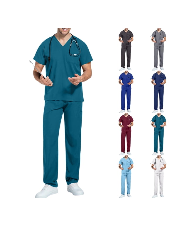 Mens Medical Scrub Sets V Neck Short Sleeve Scrub Top Elastic Drawstring Waist Straight Leg Pants Multi Pockets Professional Uniforms Nurses Daily Work,S,Blue