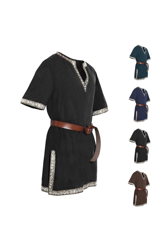 Mens Knight Tunic Renaissance Viking Tops Scottish Warrior Halloween Shirt Black XL