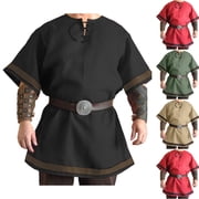 Mens Medieval Pirate Shirt Half Sleeve Cotton Lace up Renaissance Shirts Viking Retro Scottish Costume Tops Big and Tall Size S-5XL Red