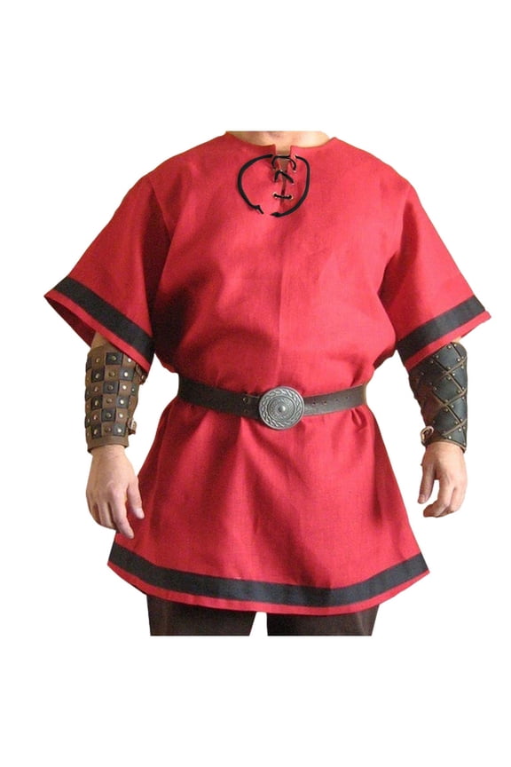 Mens Medieval Pirate Shirt Half Sleeve Cotton Lace up Renaissance Shirts Viking Retro Scottish Costume Tops Big and Tall Size S-5XL Red